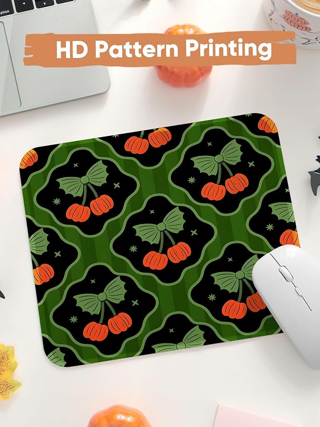 Seorsok Halloween Pumpkin Mouse Mat,Bow Ribbon Decor Mouse Pads for Office Laptop,Washable Square Cute Mousepads with Extended Stitched Edges Non Slip Rubber Base 9.5"x7.8"x0.12" Inch,Green