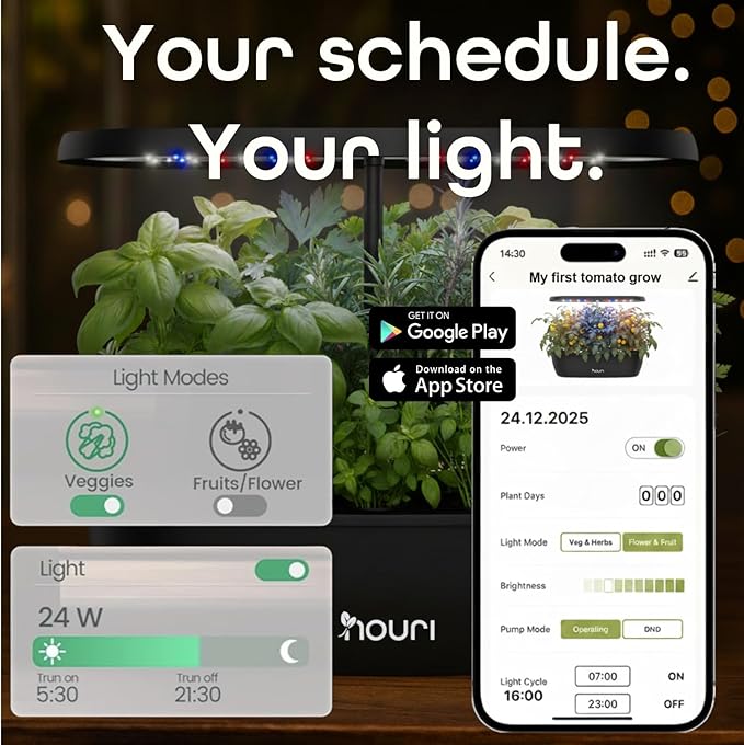 Nouri 12 pod APP Smart Garden for Home Cooks | w/Heirloom Basil | Hydroponics Growing System | LED Grow Lights | Indoor Herb Garden Kit | Herb Growing Kit Indoors for Plant Lovers, Gardeners, Kitchen