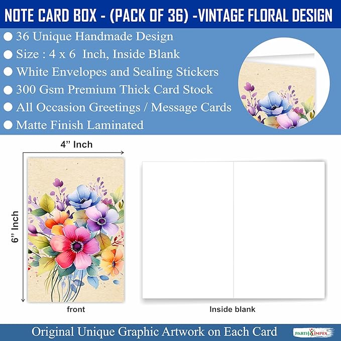 PARTH iMPEX 36 Blank Floral Note Cards With Envelopes - 4 x 6 inch All Occasion Greeting Cards, Cute Vintage Flowers Stationery Thank You Notecards and Sealing Stickers