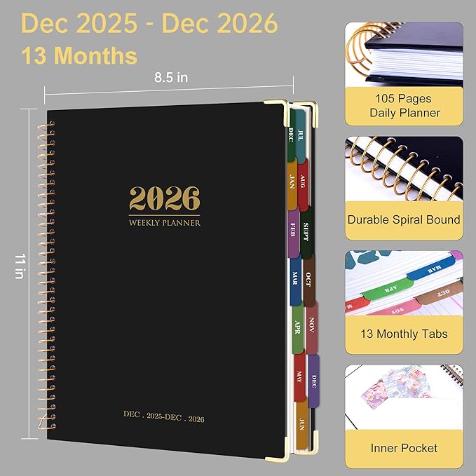 Yoment 2026 Planner Weekly and Monthly 8.5"x11" Large Hardcover Planner from Dec 2025 - Dec 2026 13 Months Calendar Academic Planners for Women Men Agenda Daily Weekly Yearly Planning with Tabs, Black