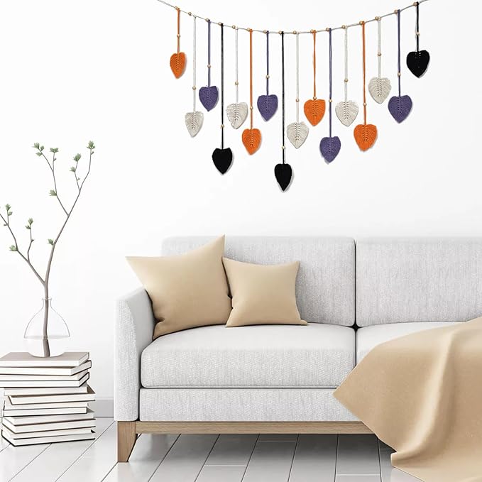 LB Fall Large Macrame Wall Hanging, Black Chic Feather with Wood Beads Boho Woven Tapestry Wall Hanging Macrame Wall Decor Handmade Purple Leaf Wall Art for Living Room Bedroom Nursery,47x30 Inch