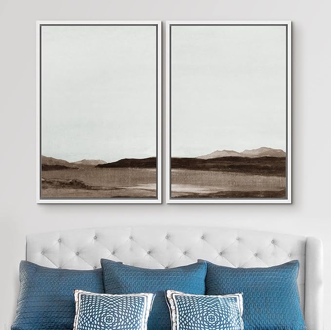 SIGNWIN Framed Canvas Print Wall Art Set Brown Minimalist Desert Mountains Nature Wilderness Illustrations Fine Art Farmhouse/Country Minimal for Living Room, Bedroom, Office - 16"x24"x2 White