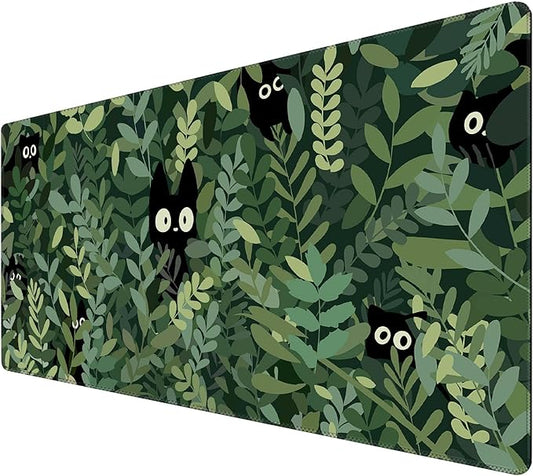 Kawaii Cat Mouse Pad Xl-31.5x15.7in-Anime Black Cat Green Plant Desk Mat Pad-Extended Aesthetic Keyboard Mouse Pad-for Desk Kid Girl with Stitched Edges Non-Slip Cozy Office Decor