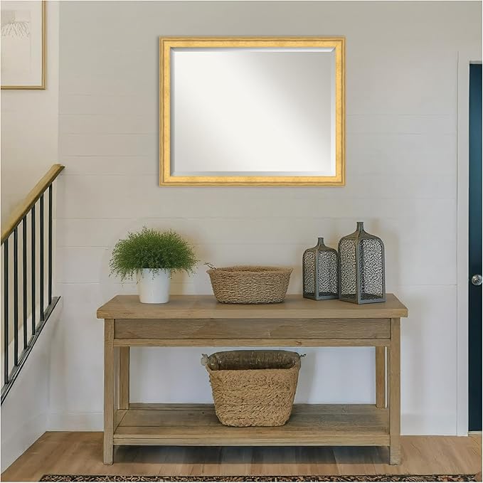 Amanti Art Gold Wall Mirror 25x31 Owen Gold Rectangle Bathroom Mirror for Wall Decor Living Room, Large Traditional Wood Frame, Hangs Horizonally and Vertically, Bathroom Decor, Beveled Edge