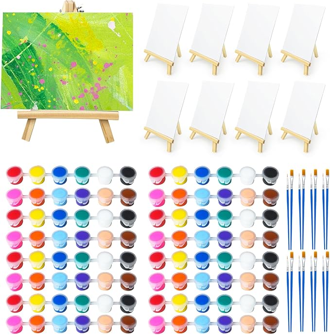 8 Set Mini Acrylic Paint Set, Mini Canvas Painting Kit, Small Canvas with Easel, Acrylic Paints,Brush, Minis Easel with Canvases for Kids Adults Classroom Birthday Painting Party (6 x 8Inch)