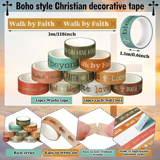 Janlaugh 24 Rolls Christian Washi Tape Gifts Bulk Religious Inspirational Scripture Supplies Bible Verse Tape for Bible Study Journaling Crafting Christmas Stocking Stuffers Gift(Boho 1)