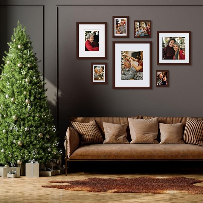 Egofine 11x14 Picture Frames Made of Solid Wood with Plexiglass, Display Pictures 5x7/8x10 with Mat or 11x14 Without Mat Set of 4 for Tabletop and Wall Mounting, Walnut Color