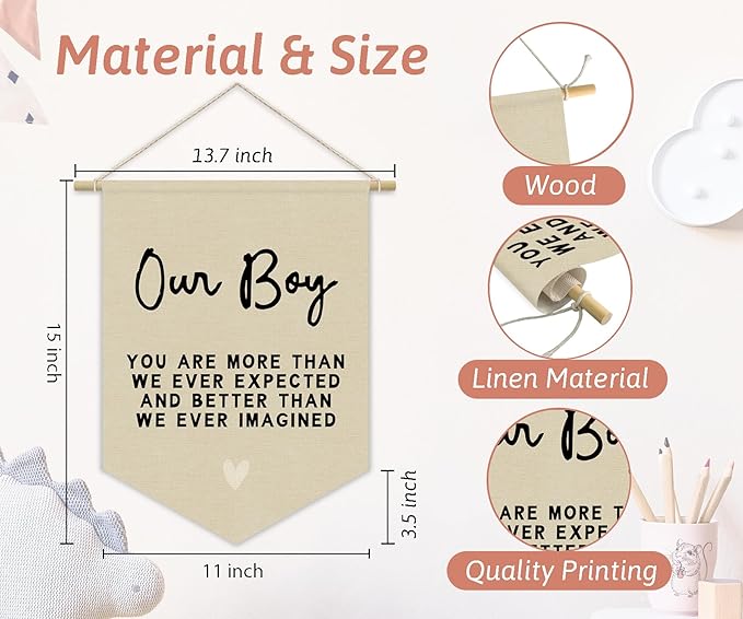 Boys Room Decor, Boy Nursery Linen Canvas Banner, You Are More Than We Ever Expected Neutral Wall Hanging Pennant Flag Banner for Boys Kids Toddler Room Bedroom Playroom Decor, 15x11in