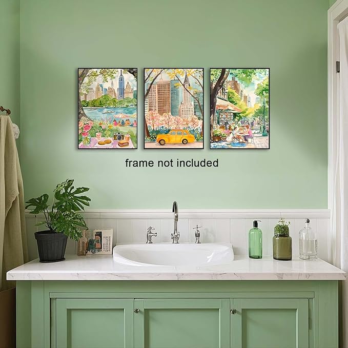 XLARTMY New York City Poster Travel Wall Art Canvas Framed Watercolor NYC Central Park Landmarks Artwork Decor Painting Prints Pictures Set of 3 for Bedroom Living Room Office 12x16in Unframed