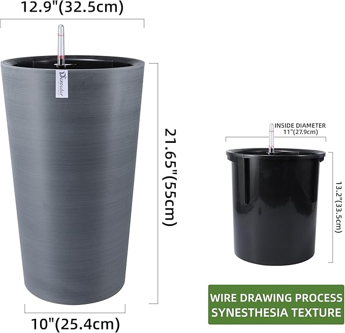 Dexceder 22x13 Tall Self Watering Planter High Cylinder Indoor Outdoor, Thickened Large Floor Standing Flower Plant Pot with Water Level Indicator (Gray, Wire Drawing)