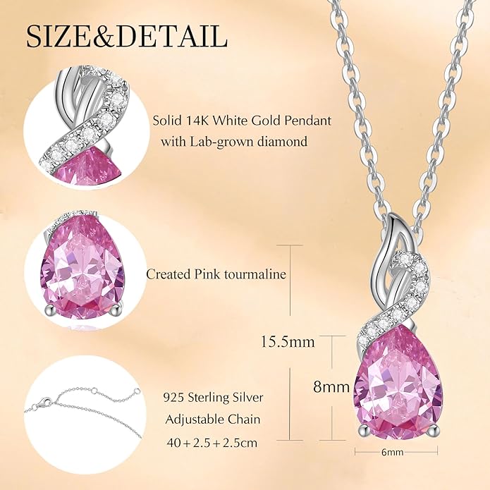 FANCIME 14K Solid White Gold Teardrop Pendant with Diamond Birthstone Necklace
