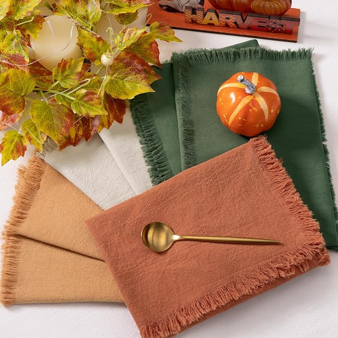 12 Pack Mixed Thanksgiving Color Cotton Linen Napkins with Fringe Fall Napkins Cloth Set of 12 Boho Napkins Handmade Dinner Napkins Bulk for Wedding Thanksgiving Dining Table, 17 x 17