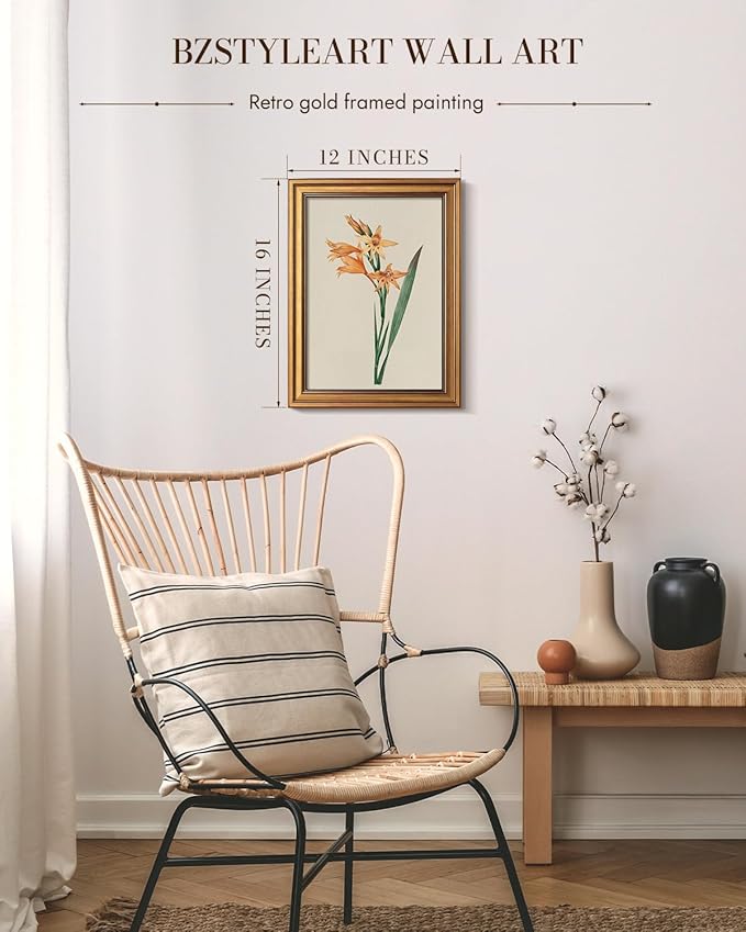 Bzstyleart Vintage Wall Art Decor for Living Room,Gladiolus Yellow Flower Wall Art Botanical,Vintage Floral Botanical Prints,Gold Framed Artwork Room Decor Aesthetic for Bedroom,12 x 16 Inch