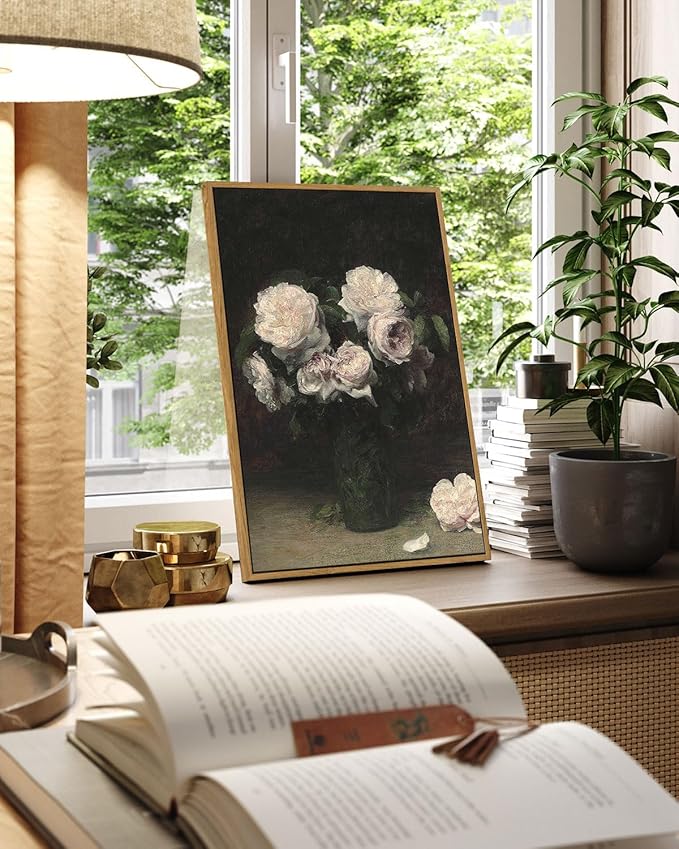 VIYYIEA Floral Large Framed Wall Art, Rose Flower Vintage Art Decor Room Aesthetic, 16X24 Inch Canvas Print Art, Farmhouse Still Life Painting Wall Decor for Bedroom Bathroom Office