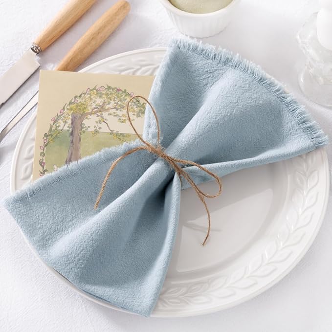 12 Pack Gray- Blue Cotton Linen Napkins with Fringe Spring Cloth Napkins Set of 12 Boho Handmade Dinner Napkins Bulk for Wedding Bridal Baby Shower Valentine's Day, 17 x 17 Inches
