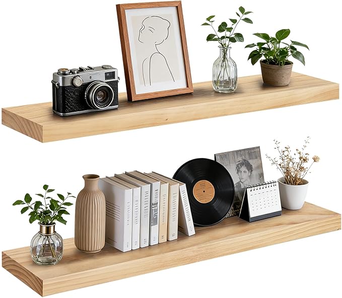 Floating Wall Shelf 36x6.8x1.7 Inch – Solid Wood Shelf in Natural Wood Finish – Heavy Duty Wall Mounted Rustic Display Shelf for Living Room, Kitchen, Bedroom, Hallway – Set of 2