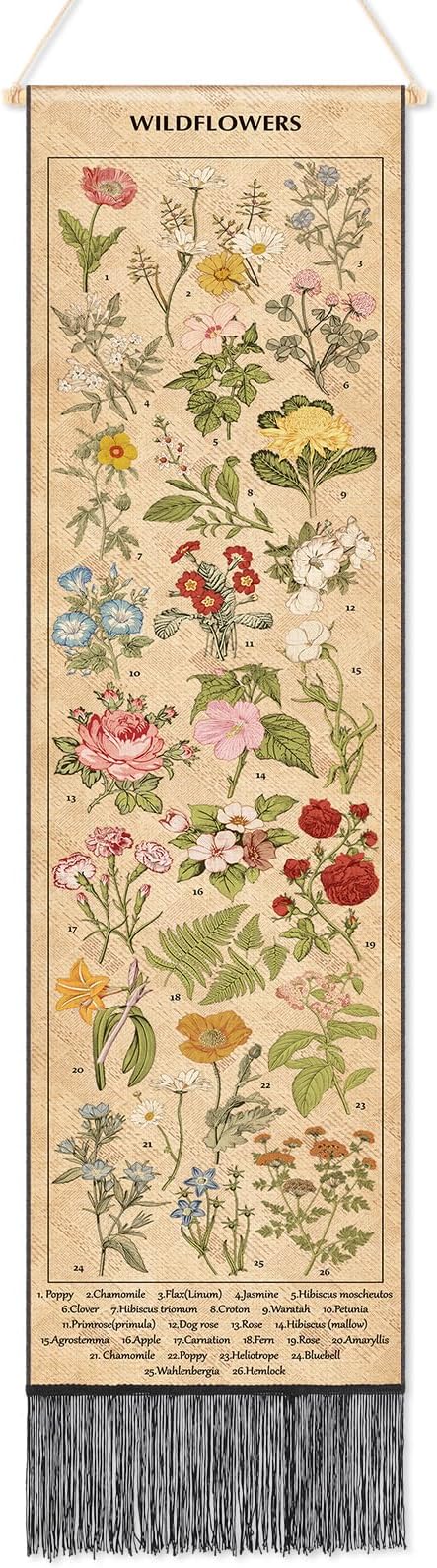 Geetery Vintage Floral Vertical Tapestry Wall Hanging Long Narrow Wall Fabric Flower Hanging Reference Illustrative Botanical Tassel Tapestry for Home Decor Gift (Natural)