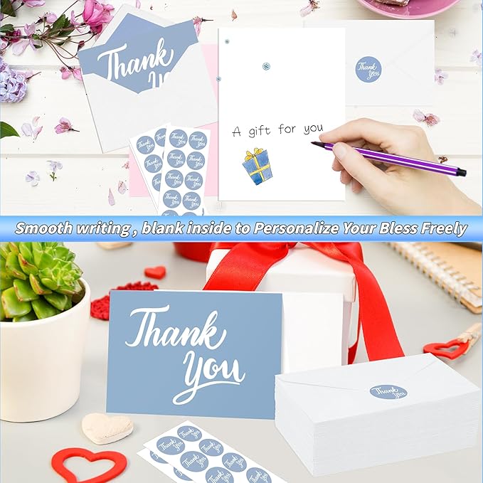 600 Pcs Blue Thank You Cards Bulk with White Envelopes and Stickers 4x6 Inch Blank Thank You Notes Box Set Minimalistic Design for Business Wedding Baby Shower Graduation Bridal Shower Funeral