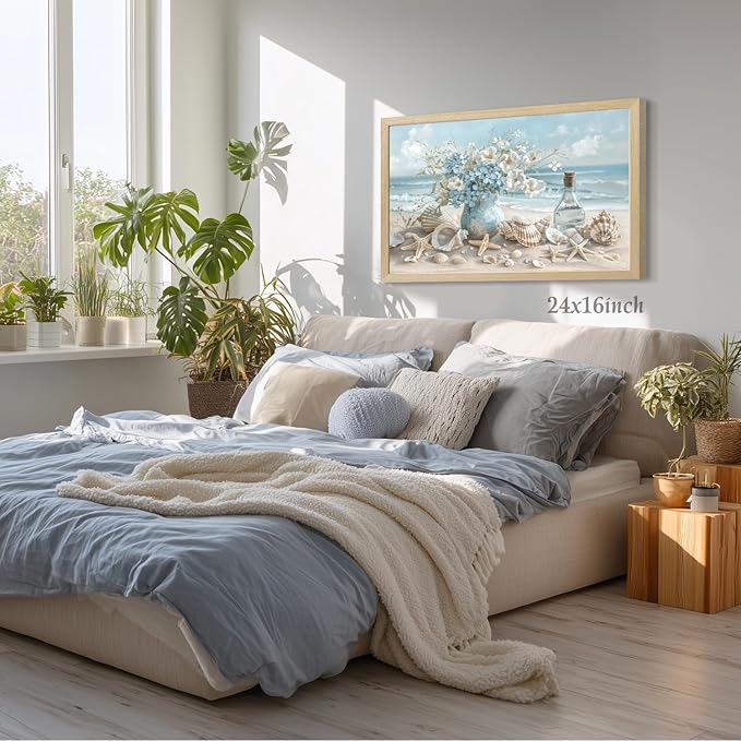 LLEEMPI Coastal Beach Wall Art, Seashell Starfish Ocean Wall Decor, Shell Floral Sea Canvas Print, Blue Sky White Cloud Landscape Poster Print for Bathroom Bedroom Office Wood Framed 12x16 Inch