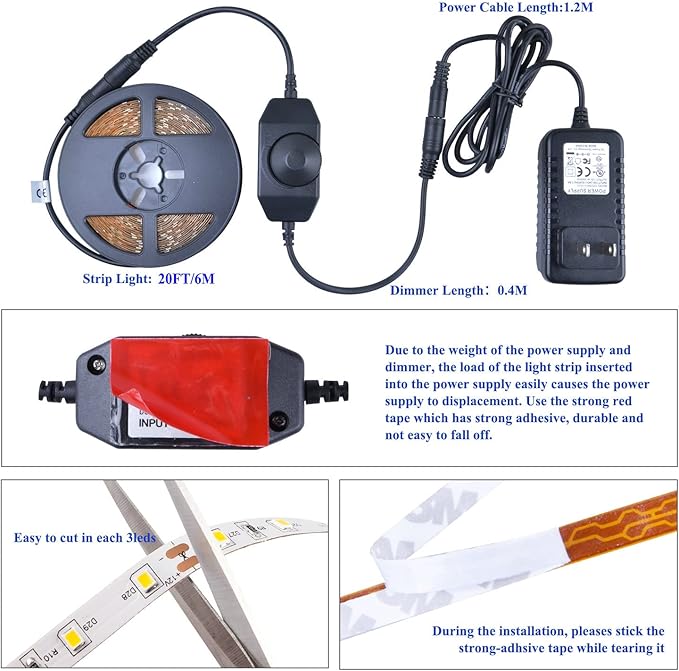 20FT White LED Strip Lights, Dimmable 6000K 360LEDs, Rope Strip Lights, Under Cabinet LED Strip Lights Tape with UL Power Supply for Kitchen, Wedding, Mirro, Not Waterproof.