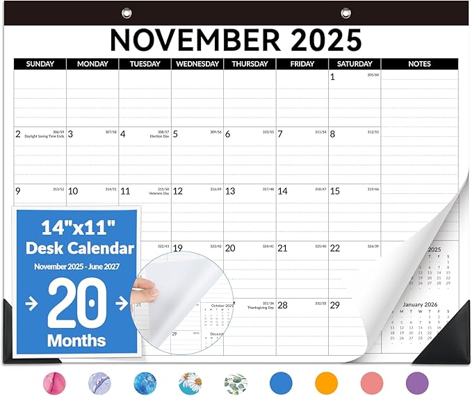 Forvencer Desk Calendar 2026, 20 Months Calendar, Nov. 2025-Jun. 2027, 14" x 11" Wall Calendar 2026 Monthly Planner with Plastic Cover & Stickers & Thick Paper for Office Home School Supplies, White