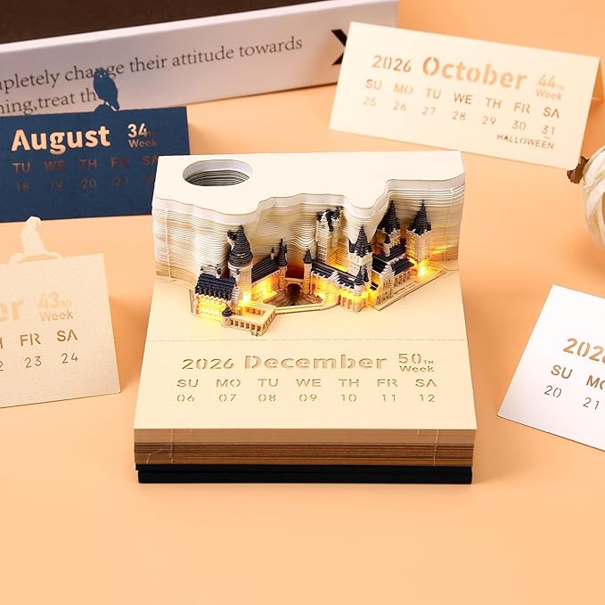 3D Time Piece Calendar 2026 3D Tear Away Mini Desk Calendar with LED Light Art Memo Pad Notepad Desktop Decoration Gift for Christmas (With Weekly Calendar & Light)