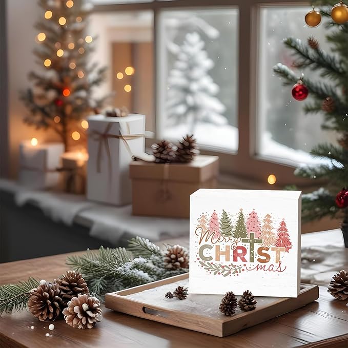 Pink Christmas Trees Wooden Box Sign，Merry Christmas Sign，Farmhouse Rustic Wood Block Plaque for Home Desk, Christmas Office Decorations for Work Desk, Christmas Gifts for Women Funny 5x5
