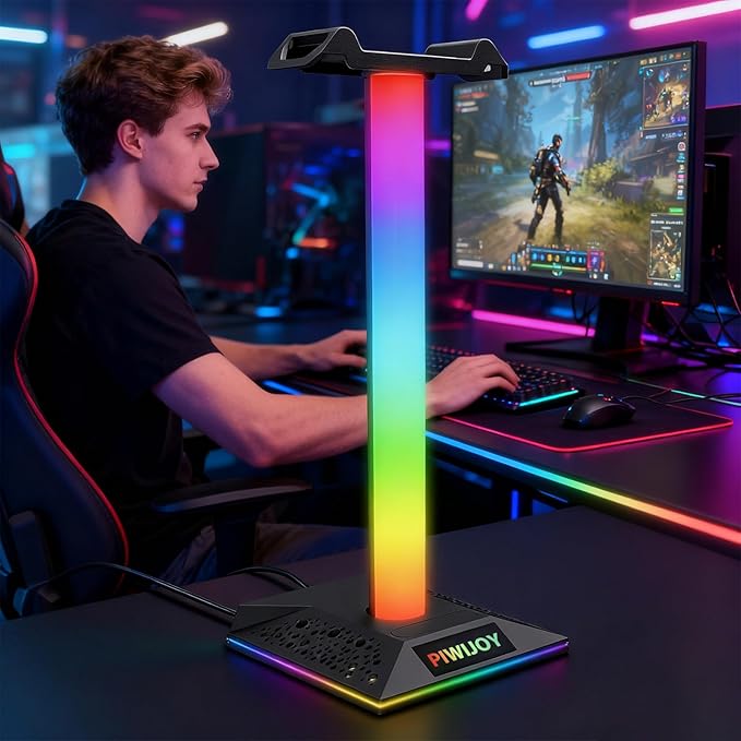 RGB Gaming Headset Stand with USB Hub - 2 USB Ports & 1 Type-C Port, 10 Lighting Modes, Universal Holder for All Headphones