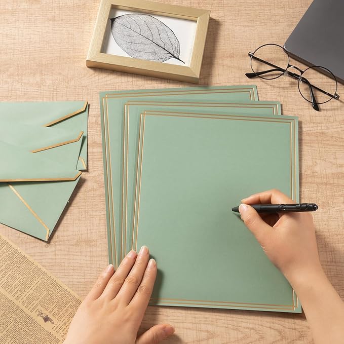 50 Pack Stationery Set with Gold Border, #10 Business Envelopes and 8.5x11 Paper Sheets and Stickers for Writing Letters (Sage-Green, 8.5x11 Inches)