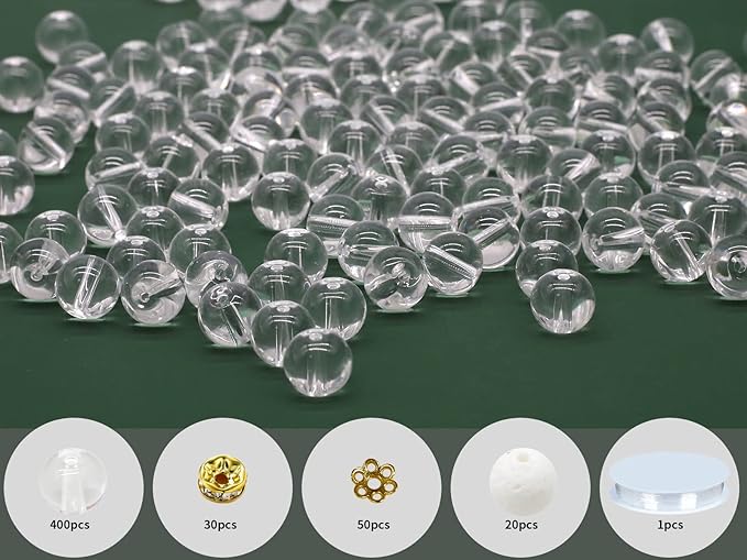 Pamir Tong 500PCS 8mm Clear White Glass Round Beads Bulk,Imitative Jade Beads Kit, Bracelet Space Loose Beads for Jewelry Making Earring, Necklaces, DIY Crafts & Gifts #352