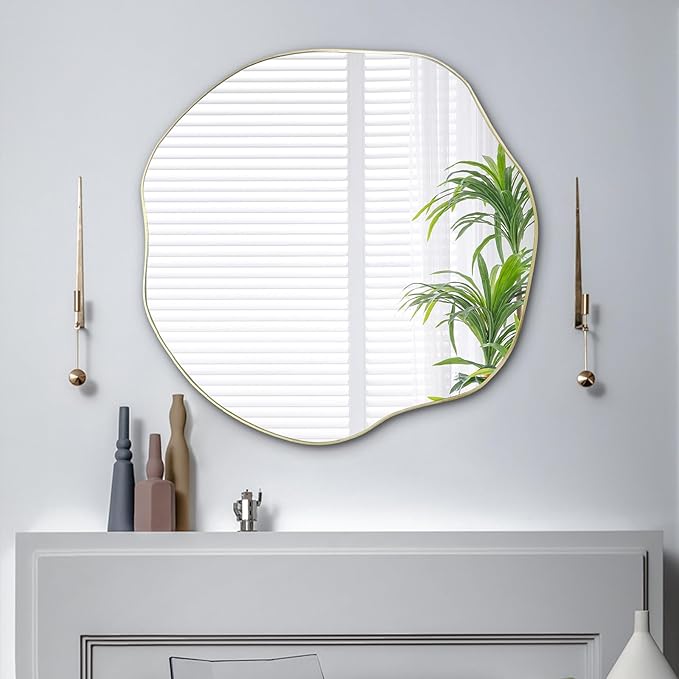 POZINO Irregular Wall Mirror, 35" Large Asymmetrical Mirrors, Gold Scalloped Rounded Mirror, Modern Frameless Abstract Circle Mirrors for Living Room Bedroom Bathroom Entryway Hallway Fireplace