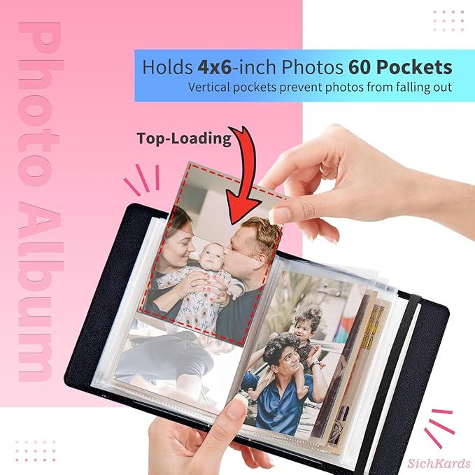 Photo Album 4x6-120 Photos Capacity,PU Leather Cover with Elastic Band,High Definition Waterproof PP Pages for Family Wedding Anniversary Baby Record,Colorful Giraffe