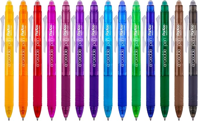 ParKoo Retractable Erasable Gel Pens Clicker 14 Colors, Fine Point 0.7mm, Make Mistakes Disappear, Comfort Grip for Writing Drawing Planners and School Supplies