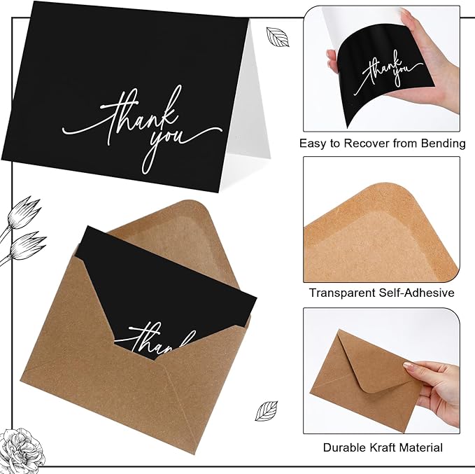 Gueevin 200 Pcs Thank You Cards with Kraft Envelopes and Stickers Bulk, 3.5 x 5 Inch Classy Blank Thank You Notes for Wedding, Business, Graduation, Baby Shower, Bridal Shower, Funeral(Black)