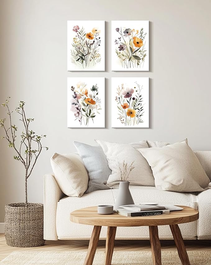 Drsoum Wildflower Bouquet Boho Framed Wall Art Wooded Minimalist Aesthetic Botanical Flower Prints Modern Plants Bathroom Kitchen Home Decor Ready to Hang 12x16inx4pcs (Framed)