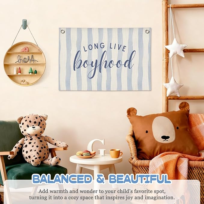 Navy Blue Decor Long Live Boyhood Wall Art,Boy Room Decor,Nursery Playroom Banner Print Wall Decor for Boys Bedroom Living Room Toddler Decorations Teen Boy Kid 30X20 Inch
