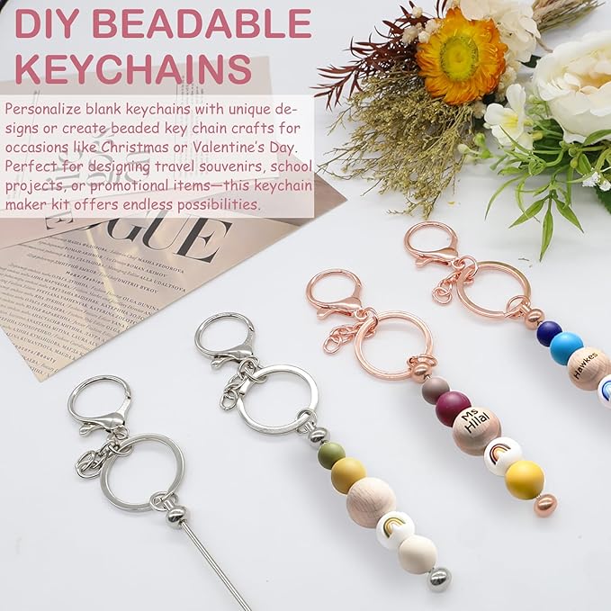 Eikovia 20 Pcs Keychain Making Kit,DIY Beadable Keychains Bulk Kit,Keychain Making Supplies for Crafts, Jewelry, Charms, DIY Projects, Blank Chain Beaded Keychains Design for Women Man,Silver