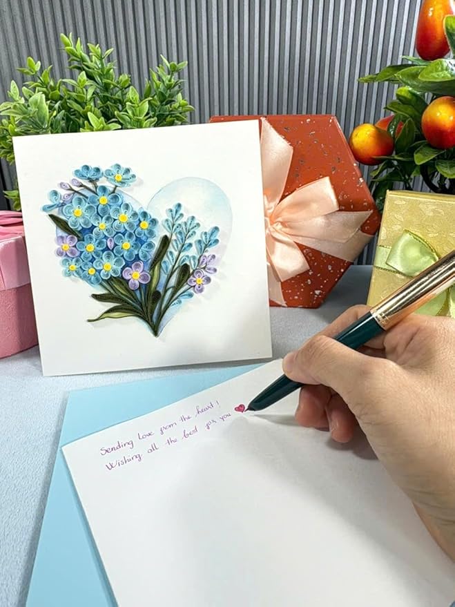 Quilling Greeting Card Handmade Forget-Me-Not Floral Design Heart Detail Romantic Gift for Her Birthday Anniversary Valentine’s Day Special Occasion Keepsake Unique Love Paper Art