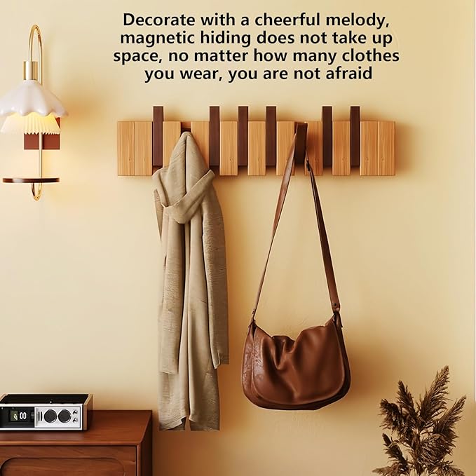 Wall Mounted Coat RackHooks Piano Key Hangers Natural Solid Wood Hanger Non-Woven Fabric Clothes Hangers for Closet, Kitchen, Bedroom, Bathroom, Entryway (Moon Walnut-Beech, 8 Hooks)
