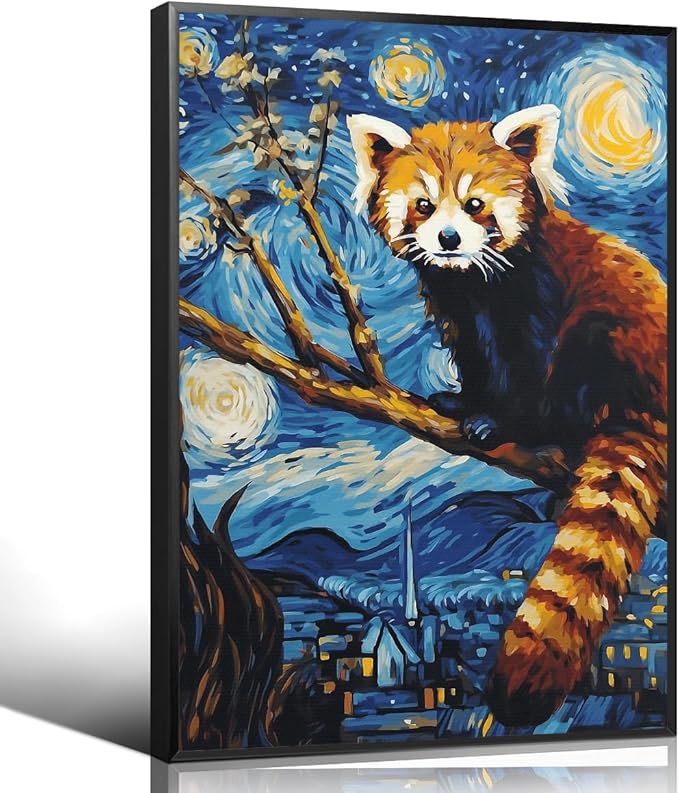 Red Panda Canvas Wall Art, Creative Starry Night Oil Painting Reproduction, Funny Panda Picture Classic Blue Aesthetic Poster, Famous Artist Artwork Print Animal Lover Gift 12x16in Unframed