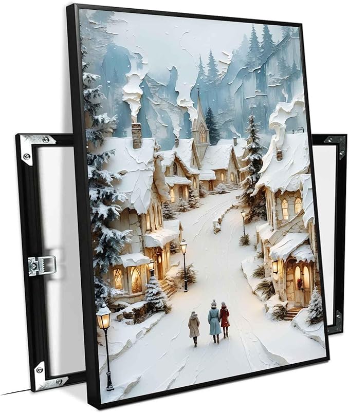 Christmas Winter Painting Snowy Village Street Festive Landscape Print Holiday Church Wall Decor Winter Cottagecore Canvas Painting Indoor Decor for Living Room Bedroom Office Framed Ready to Hang