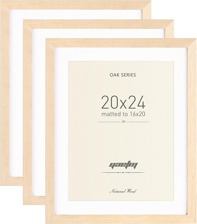 Yaetm 20x24 Picture Frame Matted to 16x20 Set of 3, Natural Solid Oak Wood Frame with Plexiglass for Wall Mount, Wide Molding (3 pack, Oak)