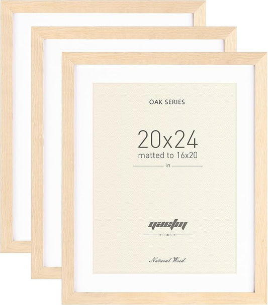 Yaetm 20x24 Picture Frame Matted to 16x20 Set of 3, Natural Solid Oak Wood Frame with Plexiglass for Wall Mount, Wide Molding (3 pack, Oak)
