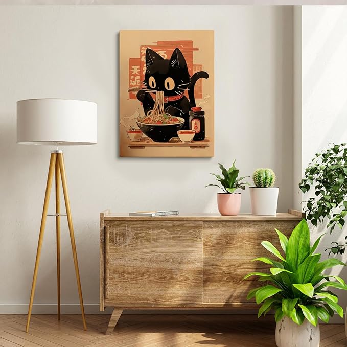 Noodle Black Cat Poster,Tonkine Cat Print,Edo Period Ramen Noodles Art,Ramen Stall Print,Vintage Ramen Print,Japan Black Cat Poster,Eating Hungry Cat For,Kitchen Wall Art24x36Unframed