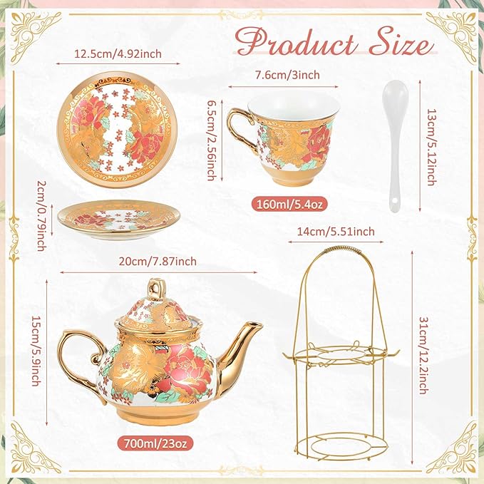 Zhehao 20 Pcs Porcelain Tea Set with Metal Holder and Spoon Adult Ceramic Tea Set European Flower Painting Teapot Cup Saucer Spoon for Women, Large Version(Stylish Style)