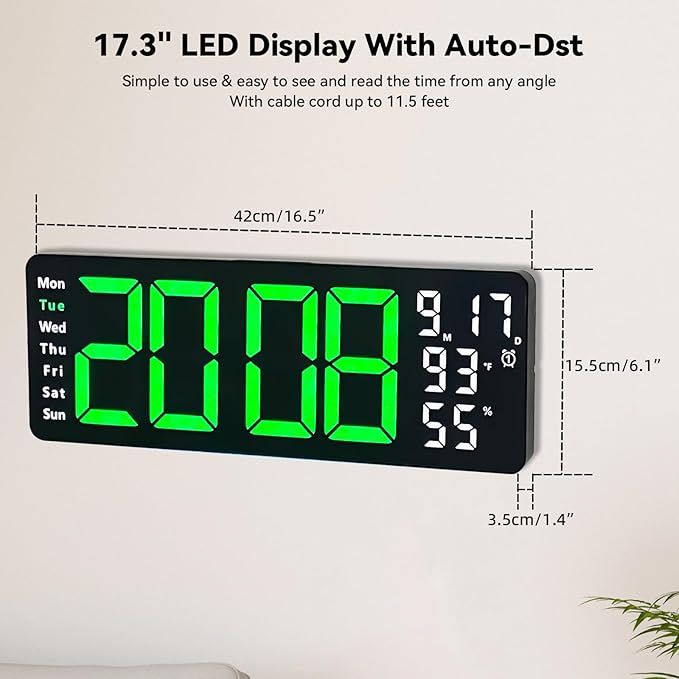 Digital Wall Clock Large Display, 17.3" Digital Clock with RGB Color Remote Control, Auto-Dimming Big Wall Clock with Night Light,Auto DST,Date Week,Temp for Home Decoration, for Elderly (Green)