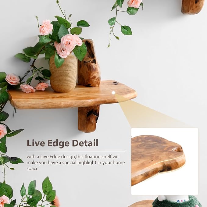 Live Edge Wall Mounted Beside Shelf – 16" Set of 2, Floating Nightstand Handcrafted Root Cedar Bedside Floating Shelf, Unique Natural Wood Wall Decor for Bedroom, Living Room, or Entryway