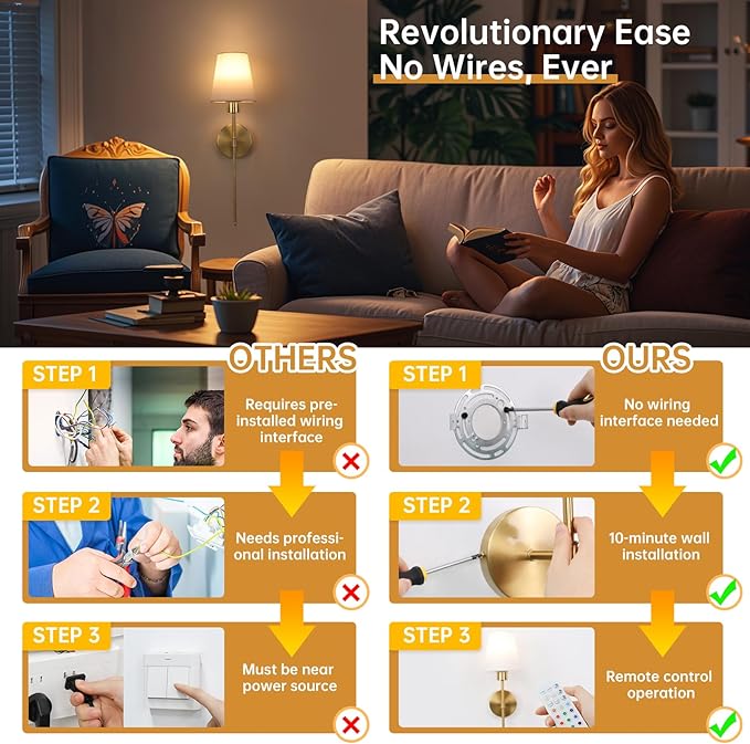 Battery Operated Wall Sconce, 120H Usage Time 22.6" Rechargeable Wall Light with Dimmable Bulb, 12 Colors Wall Sconce for Bedroom Living Room, Gold