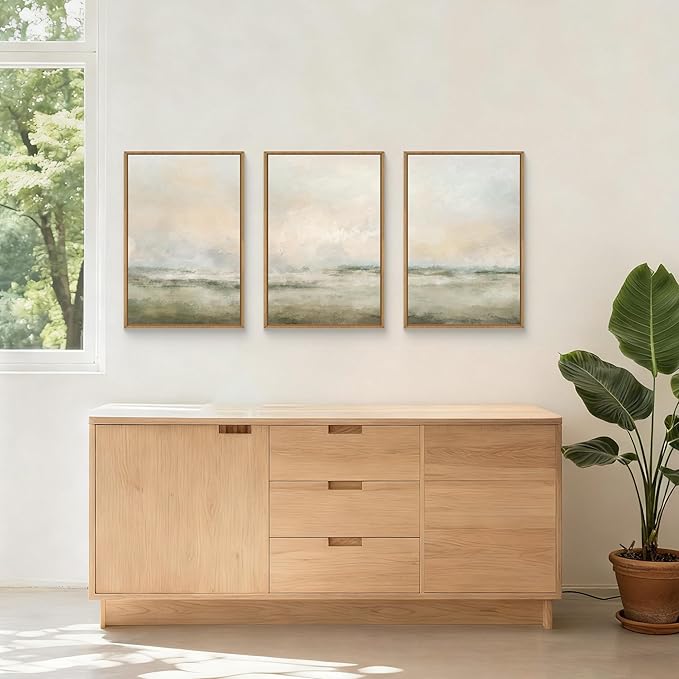 Abstract Beige Green Landscape Framed Canvas Wall Art Set, Watercolor Natural Tan Wall Decor, Minimalist Neutral Modern Scenery Artwork for Living Room, Bedroom,Farmhouse- 16"x24"x3