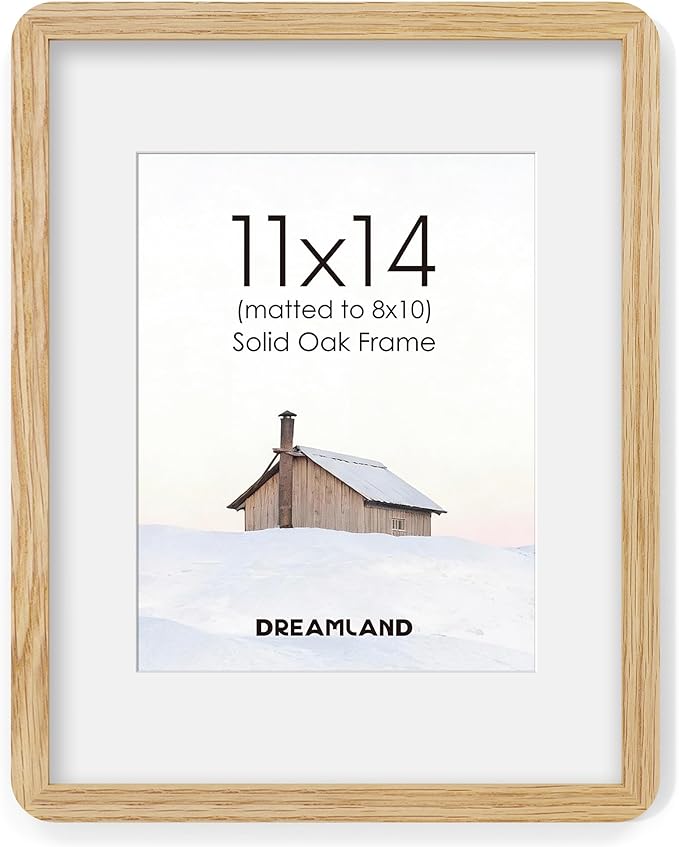Dreamland 11x14 Picture Frame, Solid Oak Wood Photo Frame with Mat for 8x10, Round Corner 11 x 14 Matted Picture Frames with Resistant Plexiglass for Wall Mounting or Tabletop, Oak Color, Set of 1